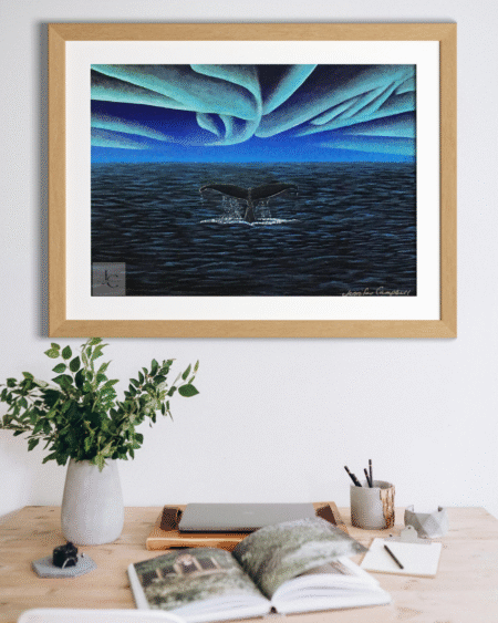 Dreamy Whale ocean art – 14x11 painting and printable digital download under northern lights