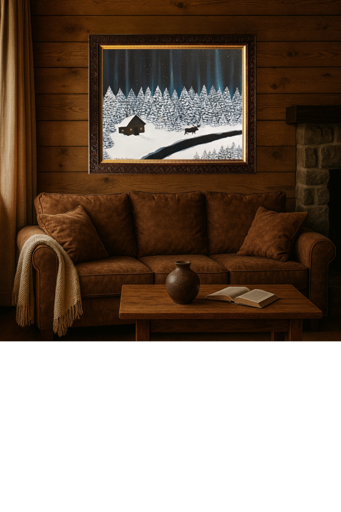 Rustic moose cabin under northern lights – original painting by Jenn Campbell for cozy woodland and cabin decor.