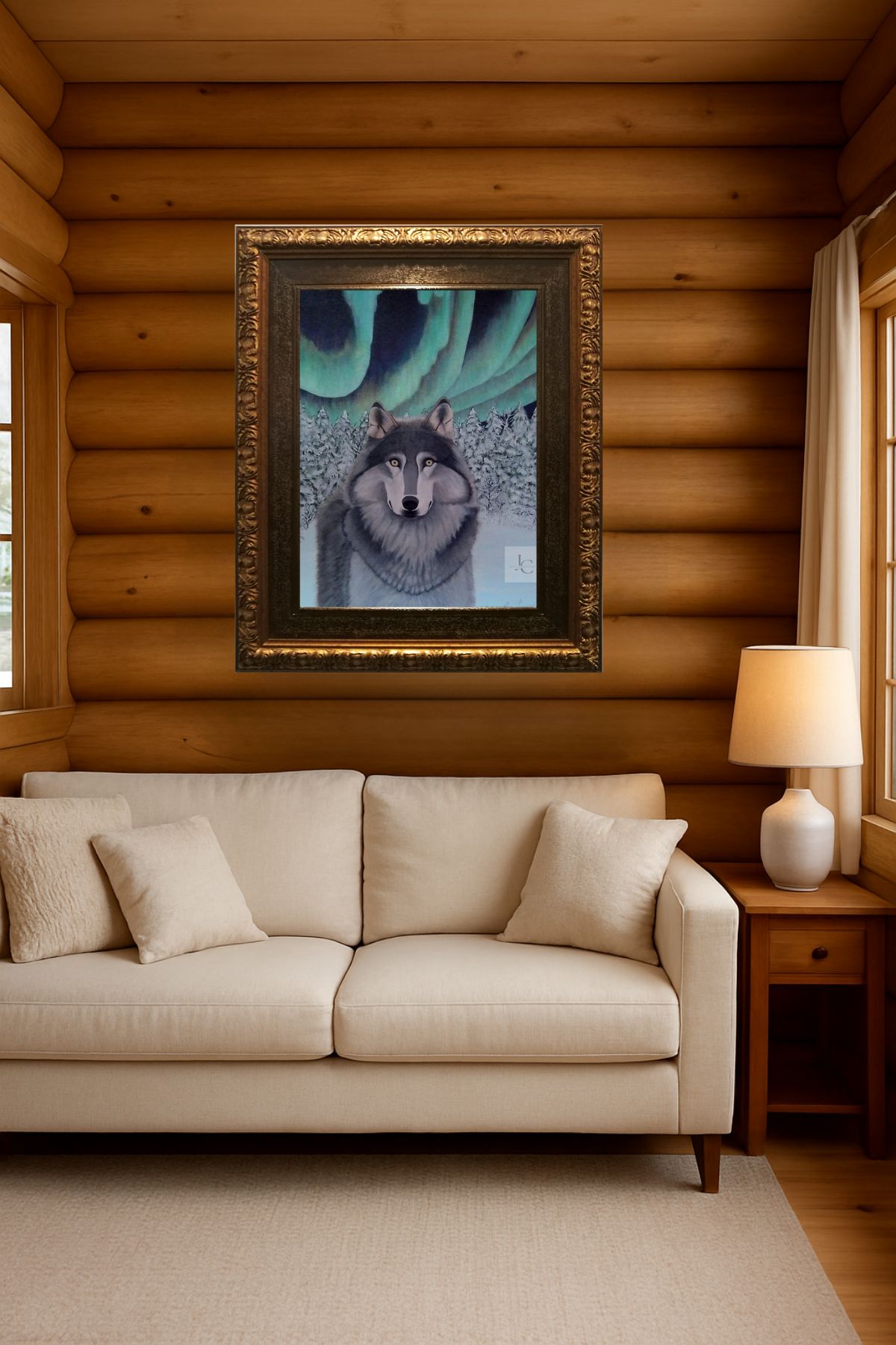 Mystical wolf beneath a moonlit forest sky — original acrylic painting by Jenn Campbell for rustic or wildlife-themed home decor.