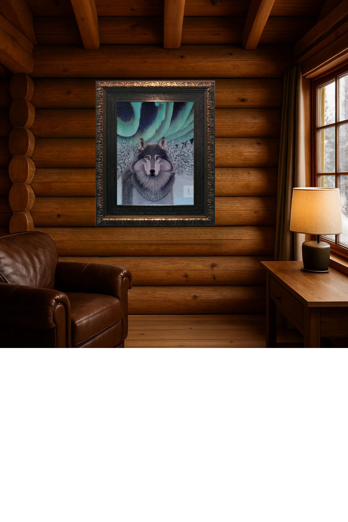 Mystical wolf beneath a moonlit forest sky — original acrylic painting by Jenn Campbell for rustic or wildlife-themed home decor.