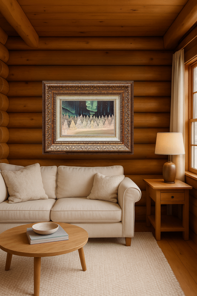 Vibrant aurora borealis over snowy pine forest – original acrylic painting by Jenn Campbell for northern nature decor.