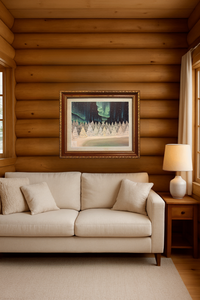 Vibrant aurora borealis over snowy pine forest – original acrylic painting by Jenn Campbell for northern nature decor.