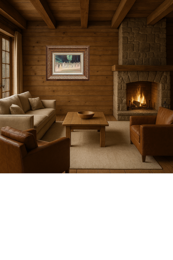 Vibrant aurora borealis over snowy pine forest – original acrylic painting by Jenn Campbell for northern nature decor.