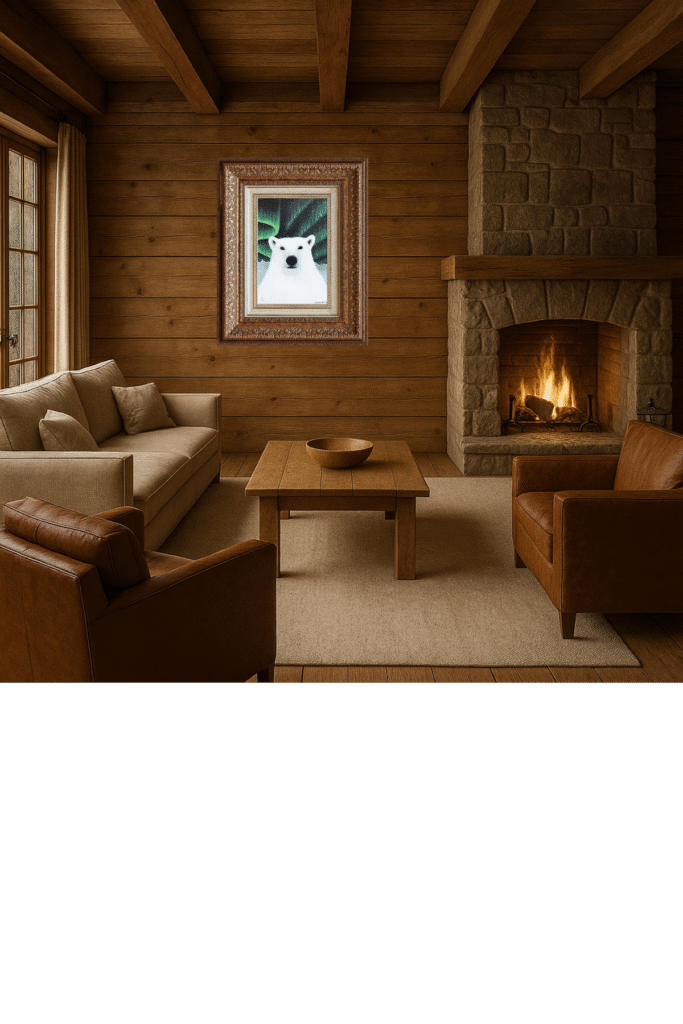 Polar bear standing beneath vibrant northern lights – original arctic wildlife painting by Jenn Campbell.