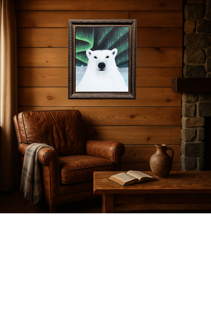 Polar bear standing beneath vibrant northern lights – original arctic wildlife painting by Jenn Campbell.