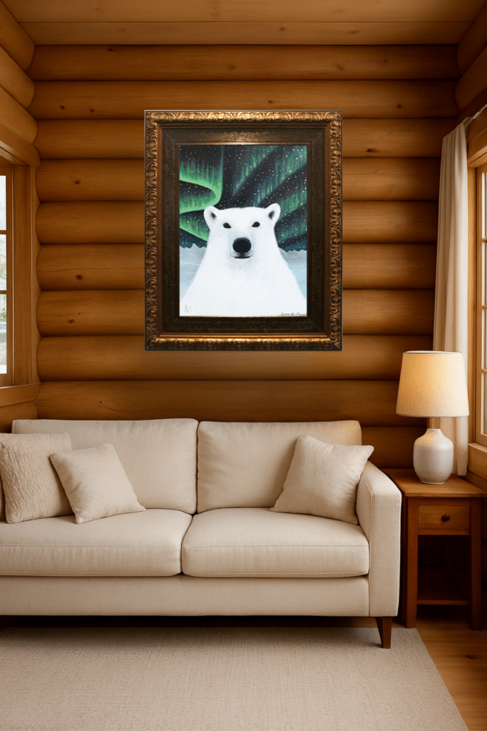 Polar bear standing beneath vibrant northern lights – original arctic wildlife painting by Jenn Campbell.