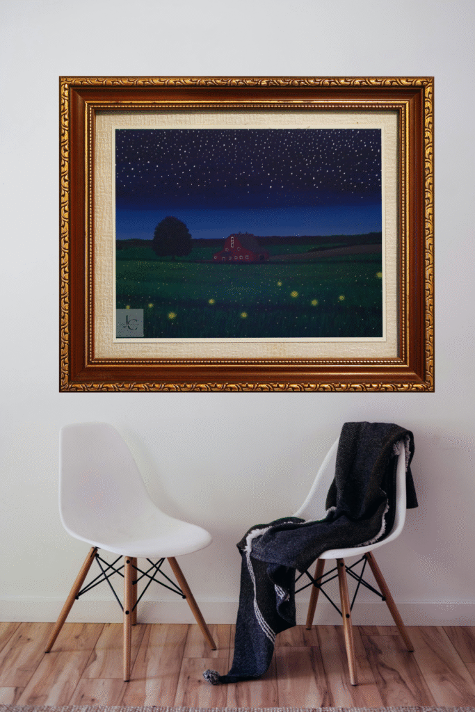 Rustic barn at twilight with glowing fireflies in a summer field – original painting by Jenn Campbell.