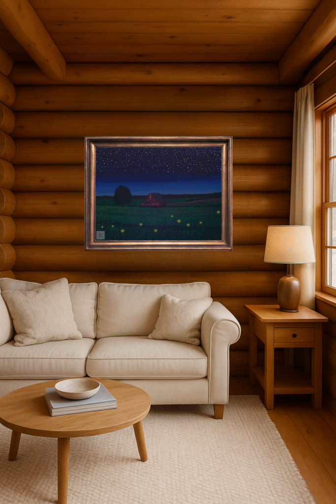 Rustic barn at twilight with glowing fireflies in a summer field – original painting by Jenn Campbell.