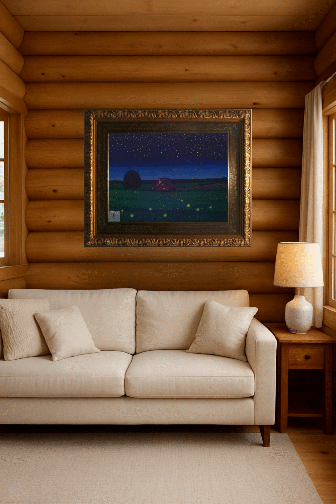 Rustic barn at twilight with glowing fireflies in a summer field – original painting by Jenn Campbell.