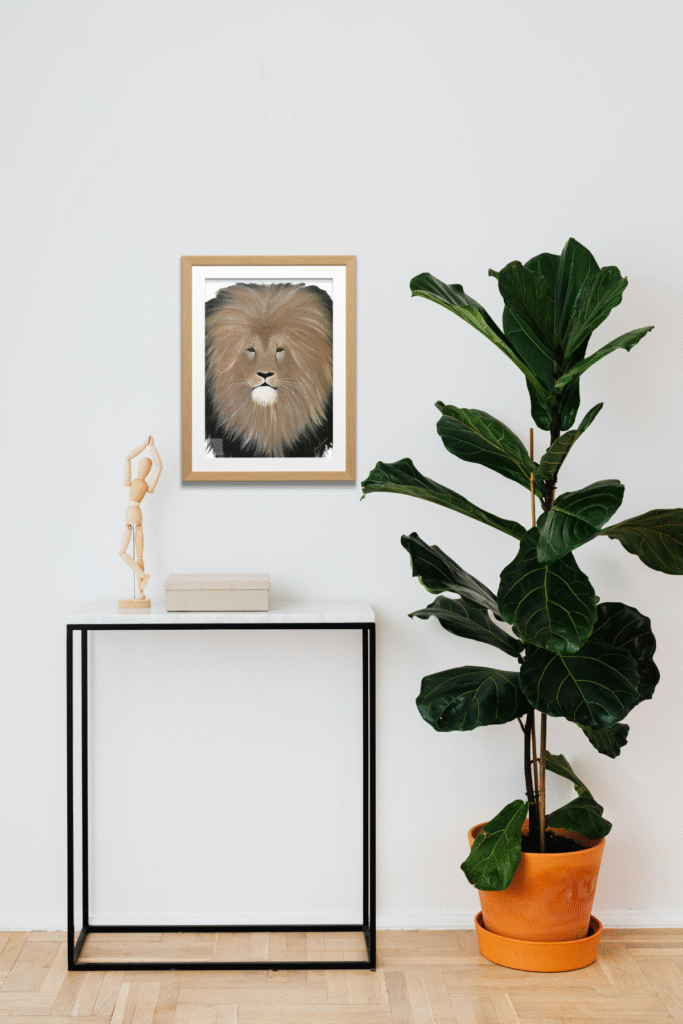 A regal lion rests calmly on golden terrain, exuding strength and grace—perfect for safari or rustic-inspired digital décor.