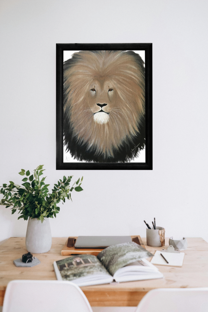 A regal lion rests calmly on golden terrain, exuding strength and grace—perfect for safari or rustic-inspired digital décor.