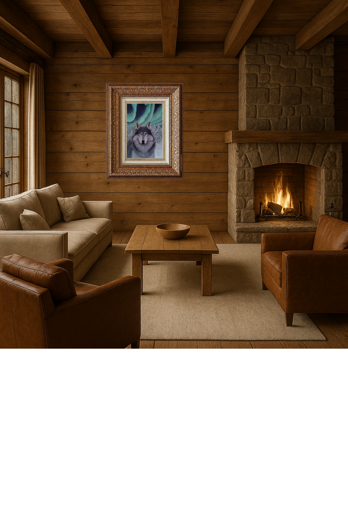 Mystical wolf beneath a moonlit forest sky — original acrylic painting by Jenn Campbell for rustic or wildlife-themed home decor.