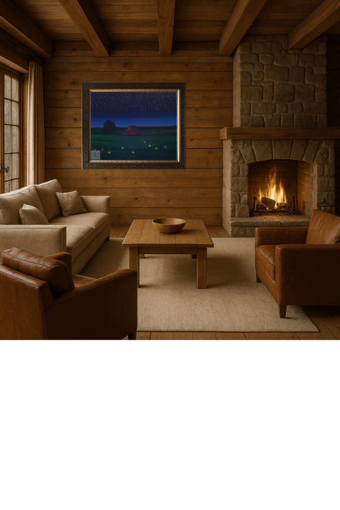 Rustic barn at twilight with glowing fireflies in a summer field – original painting by Jenn Campbell.