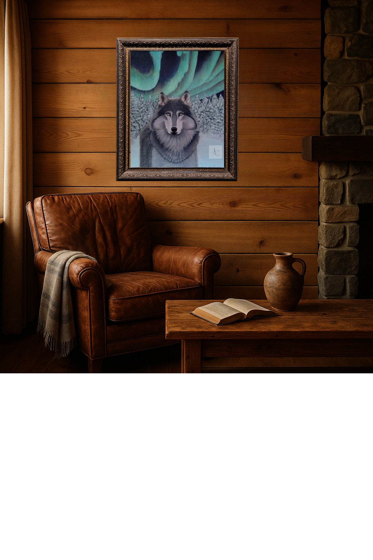 Mystical wolf beneath a moonlit forest sky — original acrylic painting by Jenn Campbell for rustic or wildlife-themed home decor.