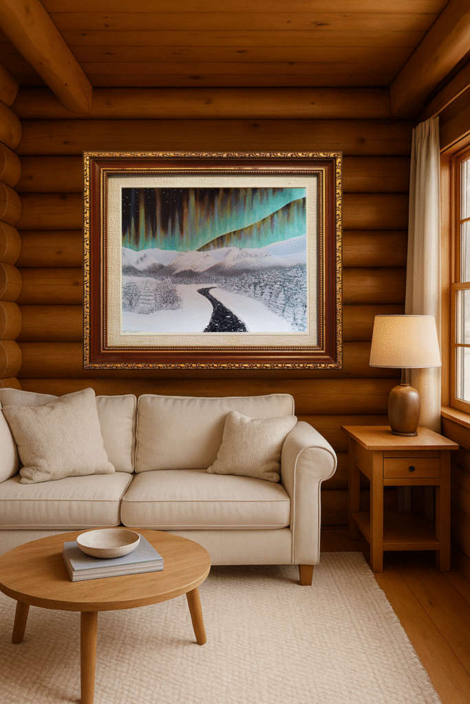 Aurora Journey painting displayed in a rustic luxury lodge-style living room