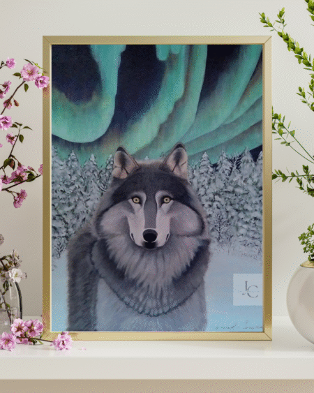 Printable Wolf Art – Gray Wolf beneath Northern Lights