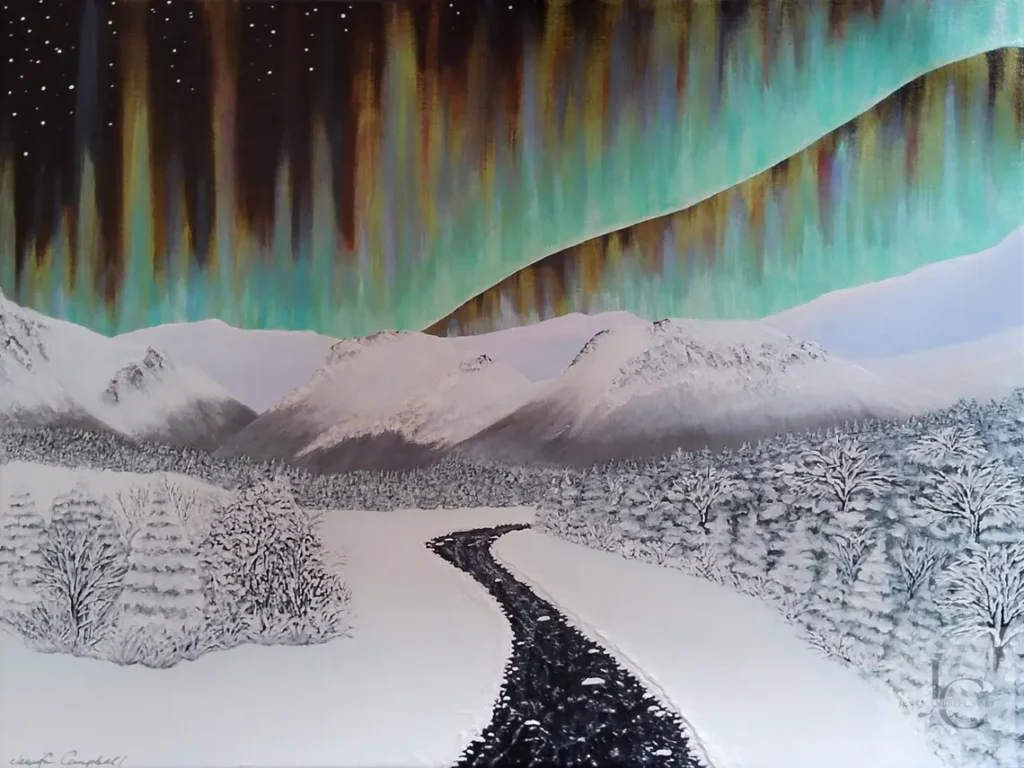 Aurora borealis landscape painting with snowy mountains, inspired by the magic of the northern lights.
