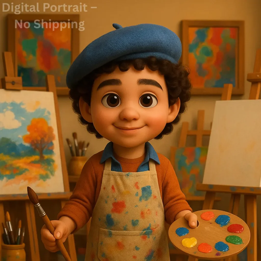 Cartoon illustration of Nathias, a young boy dressed as an artist in a beret and apron, inspired by our children's book and animation series.