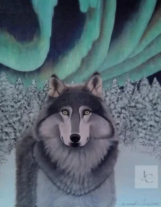 Winter wolf acrylic painting with snow-filled forest, original and printable wall art by Jenn Campbell’s Studio.