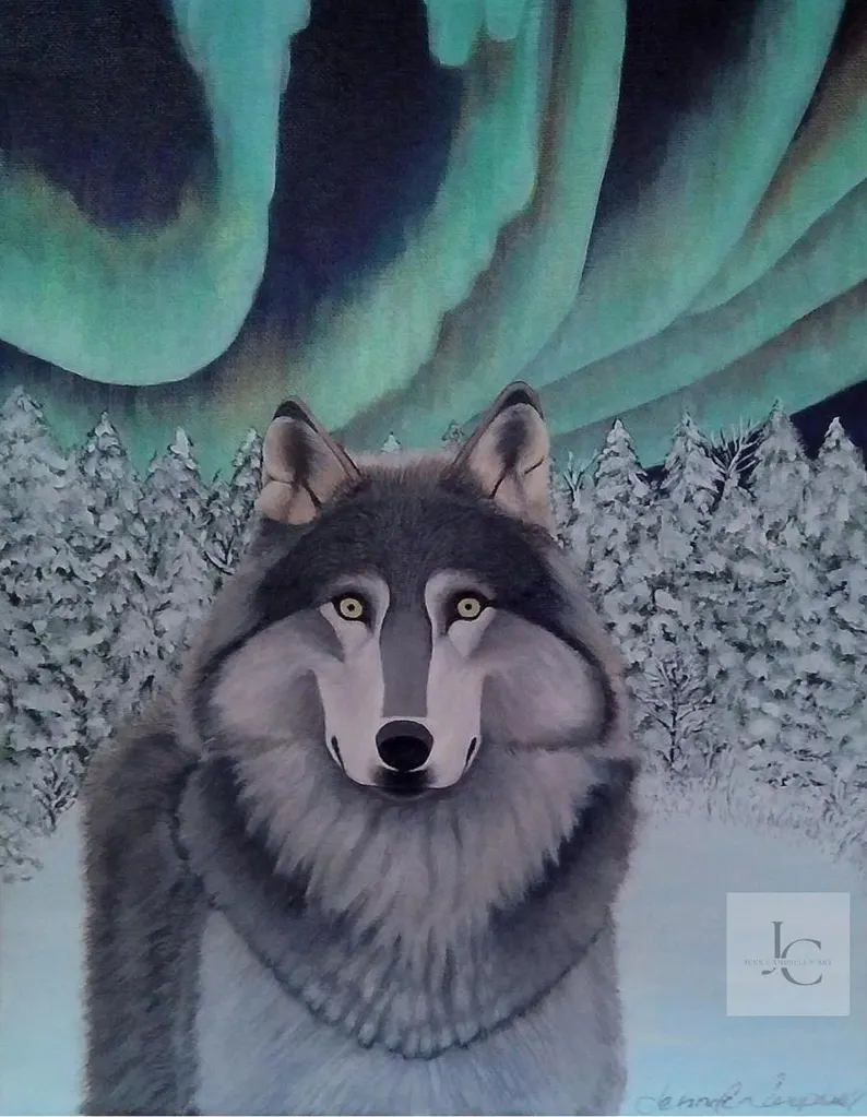 Winter wolf acrylic painting with snow-filled forest, original and printable wall art by Jenn Campbell’s Studio.