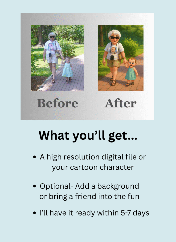 Before and after example of a custom cartoon portrait by Jenn Campbell Studio