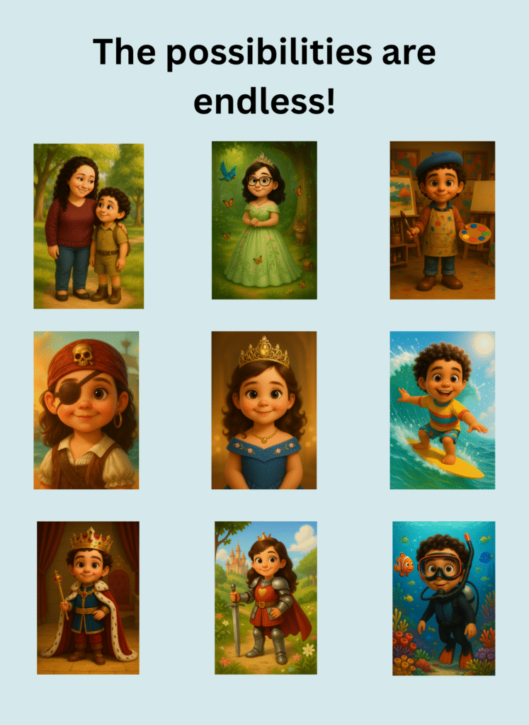 Cartoon-style character designs for custom portraits by Jenn Campbell Studio, showing people and pets in various styles