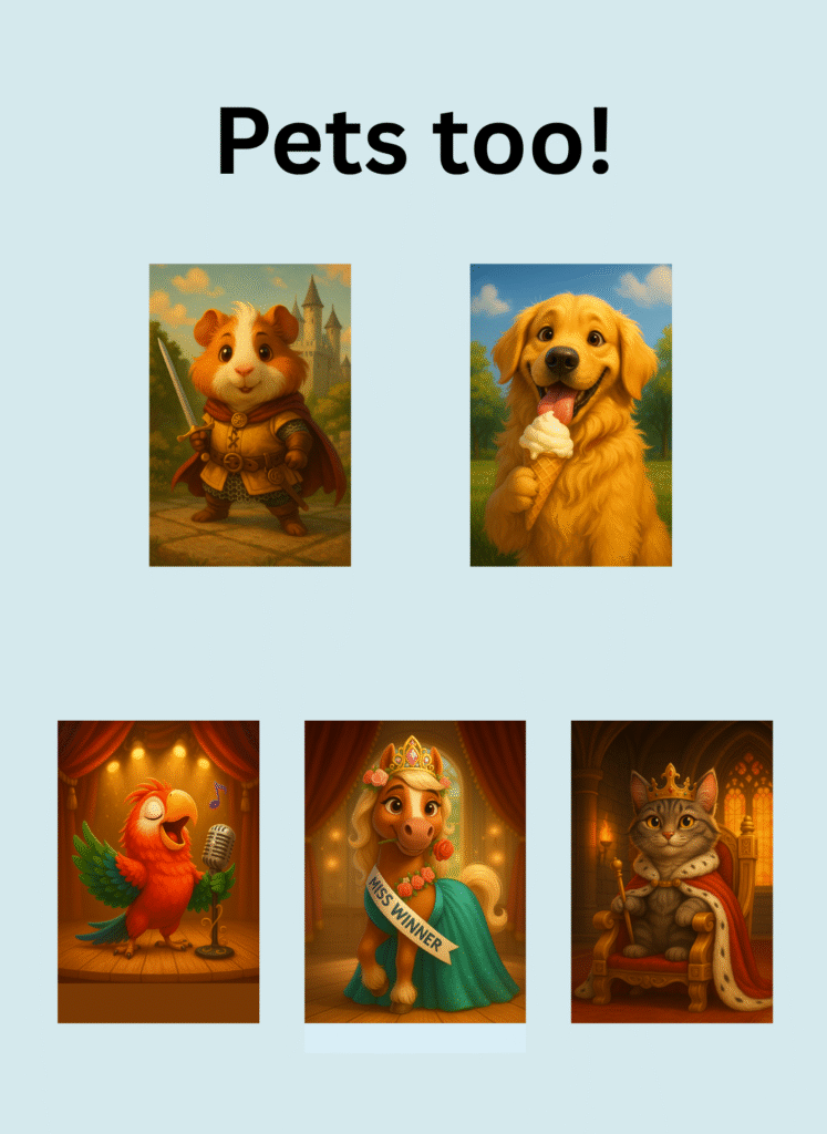 Cartoon-style pet portraits including dogs, cats, and farm animals by Jenn Campbell Studio