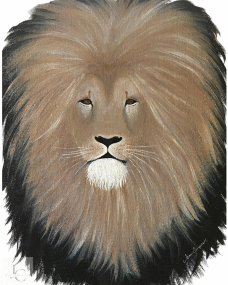 Regal lion portrait digital painting displayed in safari-themed living room with warm neutral decor.