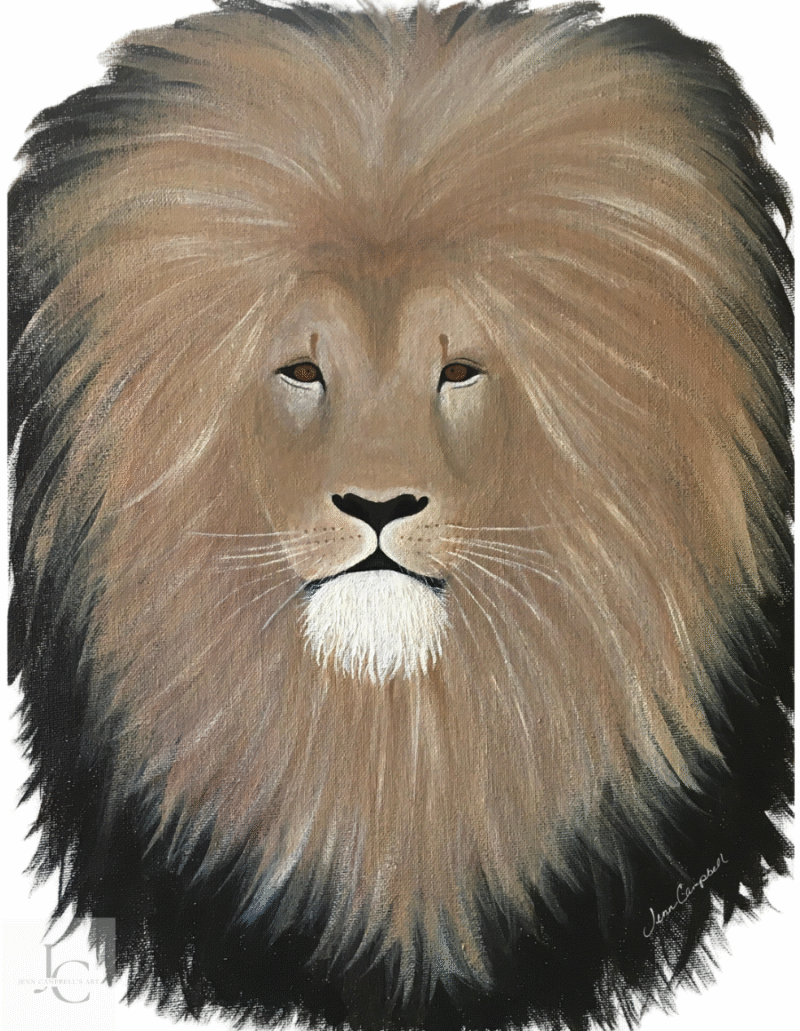 Regal lion portrait digital painting displayed in safari-themed living room with warm neutral decor.