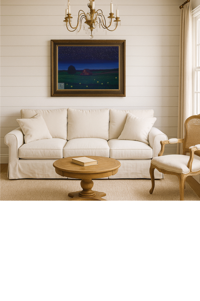 Rustic barn at twilight with glowing fireflies in a summer field – original painting by Jenn Campbell.