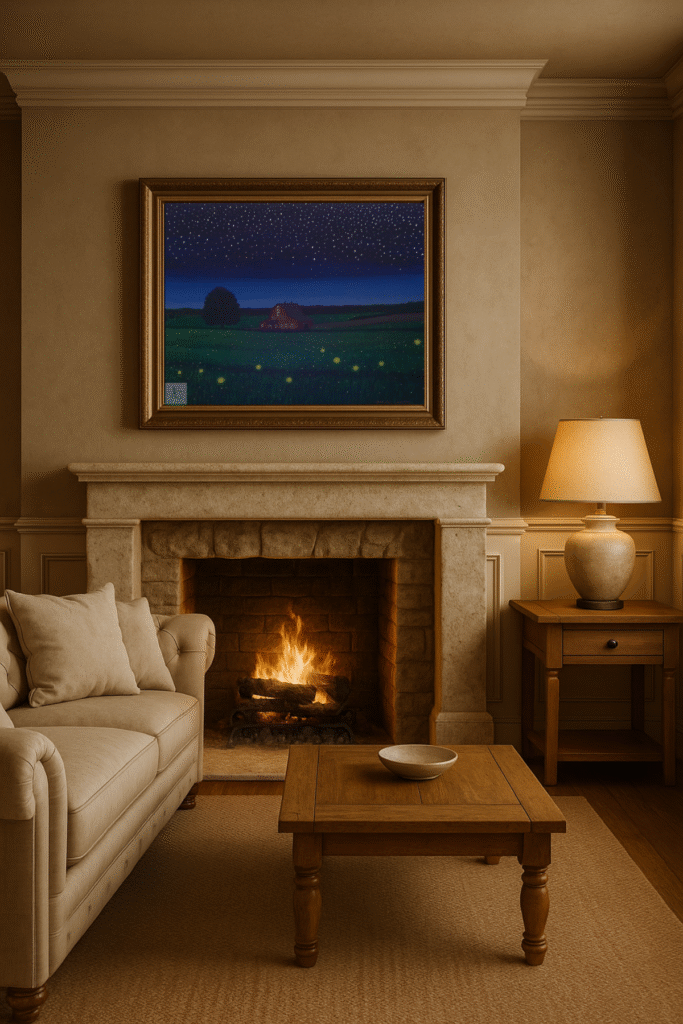 Rustic barn at twilight with glowing fireflies in a summer field – original painting by Jenn Campbell.