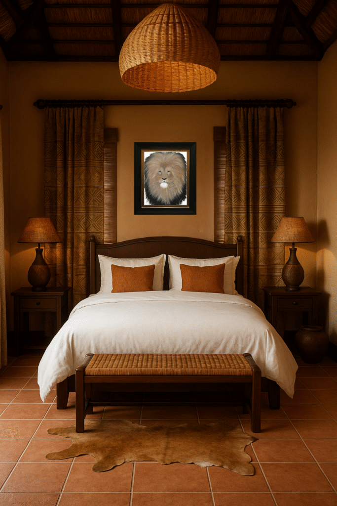 A regal lion rests calmly on golden terrain, exuding strength and grace—perfect for safari or rustic-inspired digital décor.