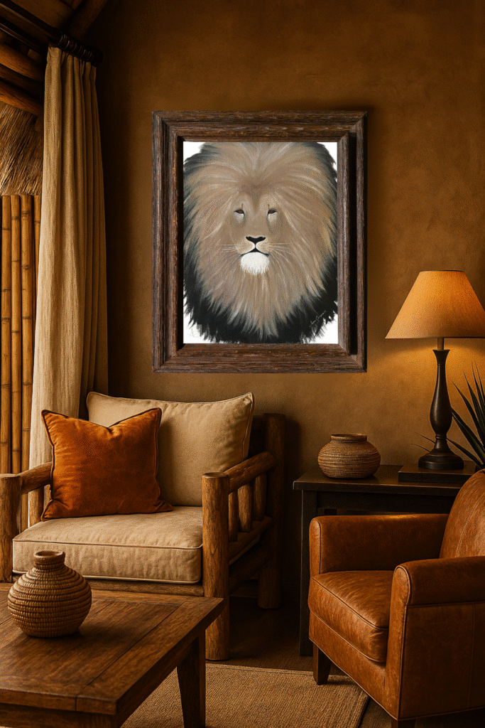 A regal lion rests calmly on golden terrain, exuding strength and grace—perfect for safari or rustic-inspired digital décor.