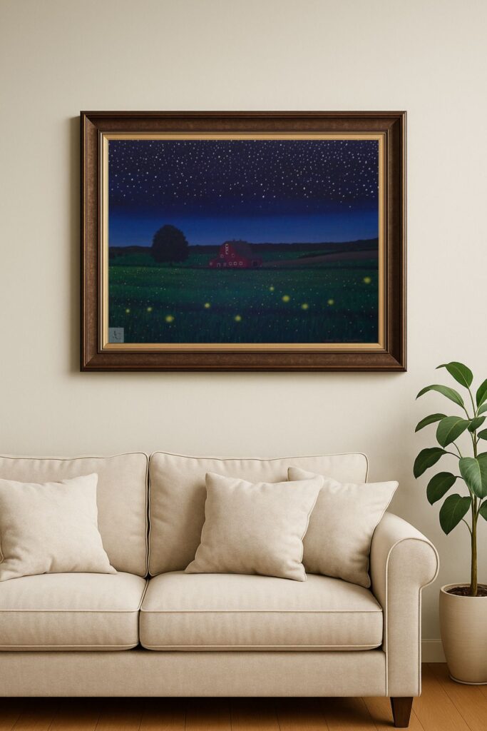 Rustic barn at twilight with glowing fireflies in a summer field – original painting by Jenn Campbell.