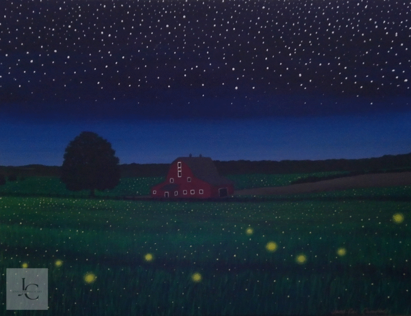 Firefly farm painting featuring a red barn under a star-filled night sky with glowing fireflies – 20x16 wall art.