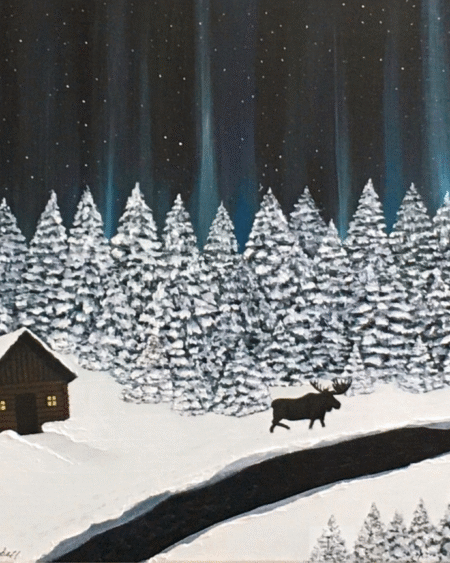 Northern lights cabin painting with a moose in the snow – 20x16 acrylic by Jenn Campbell