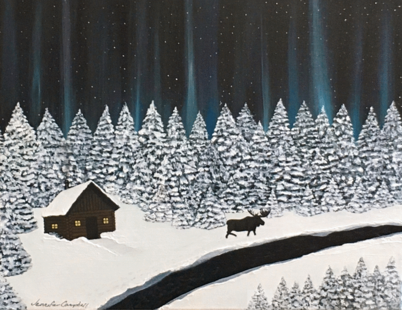 Northern lights cabin painting with a moose in the snow – 20x16 acrylic by Jenn Campbell