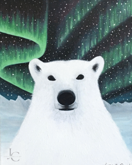 Polar bear painting under northern lights by Jenn Campbell