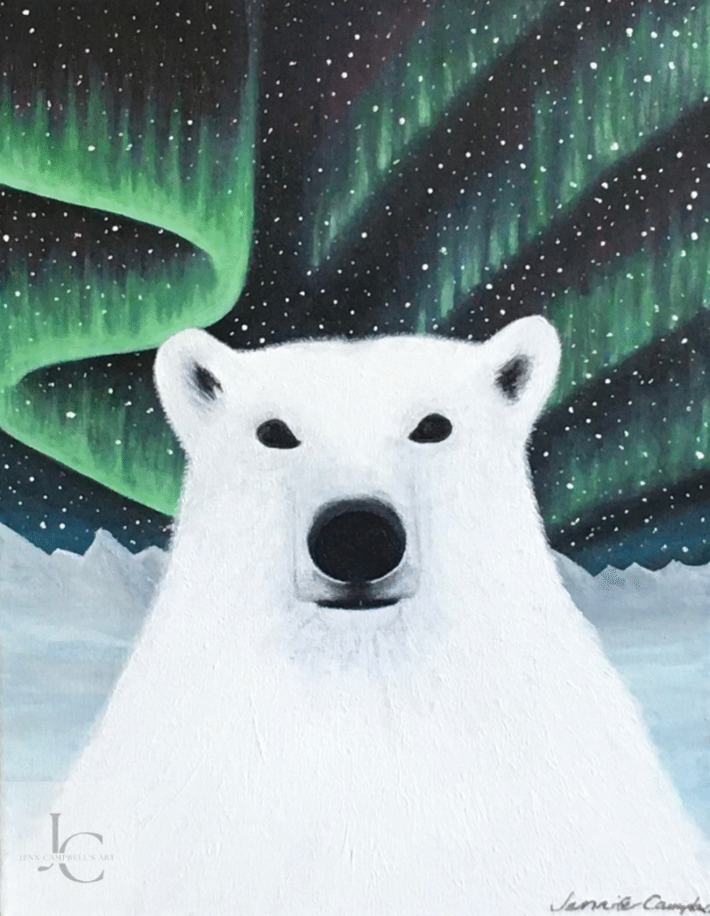 Polar bear painting under northern lights by Jenn Campbell