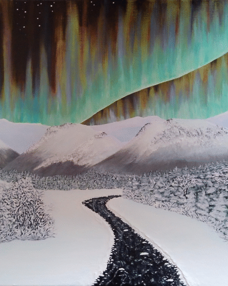 Aurora Journey – Northern Lights landscape wall art with snowy mountains, available as original canvas painting and printable digital download