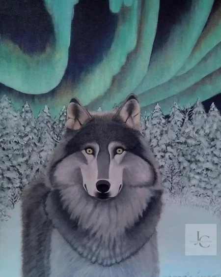 Winter Wolf painting with aurora borealis – 11x14 original art