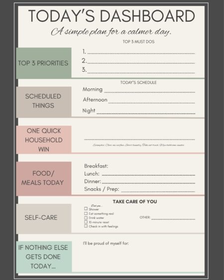 Printable calm daily dashboard planner for focus, self-care, and gentle productivity
