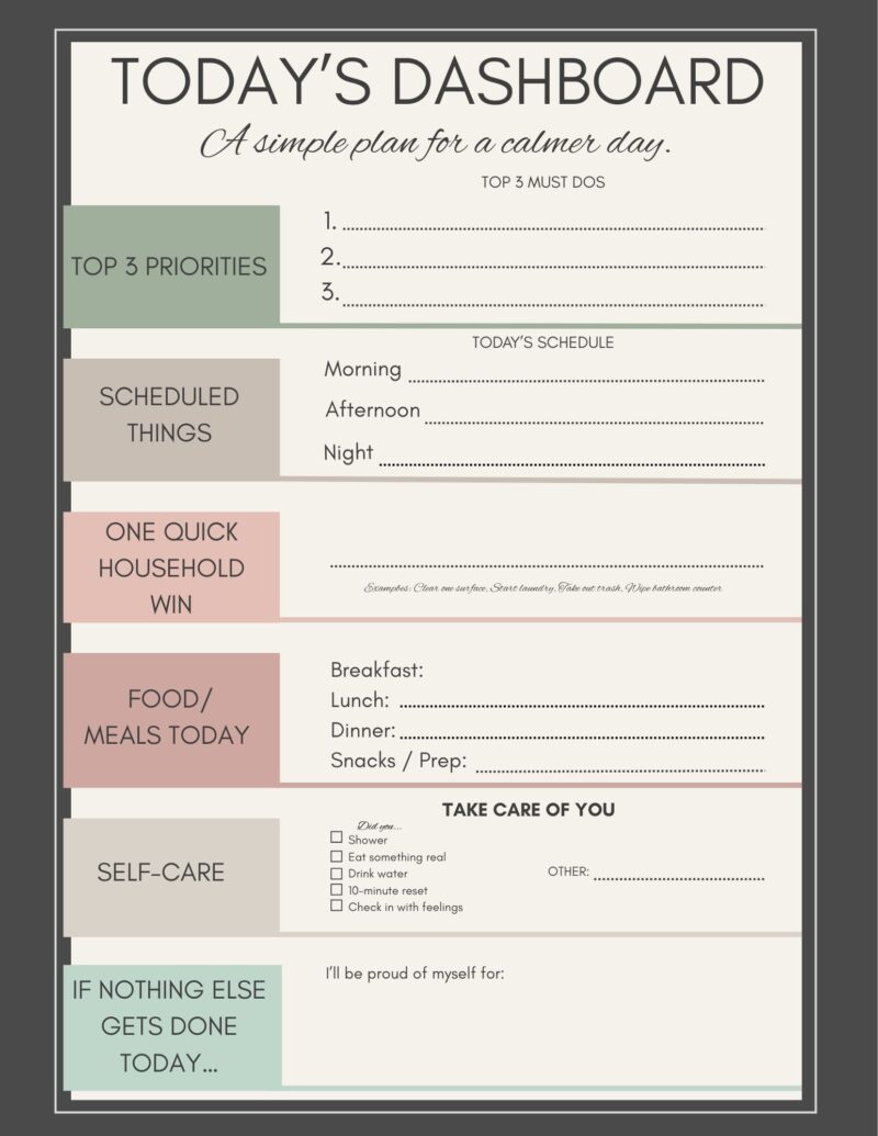 Printable calm daily dashboard planner for focus, self-care, and gentle productivity