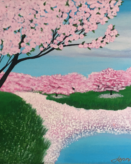 Original cherry blossom landscape painting with pink blossom trees and petals drifting into a canal, spring nature artwork by Jenn Campbell