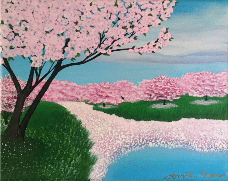 Original cherry blossom landscape painting with pink blossom trees and petals drifting into a canal, spring nature artwork by Jenn Campbell