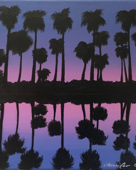 palm tree sunset painting with tropical palm silhouettes reflected in calm water under a purple and pink twilight sky