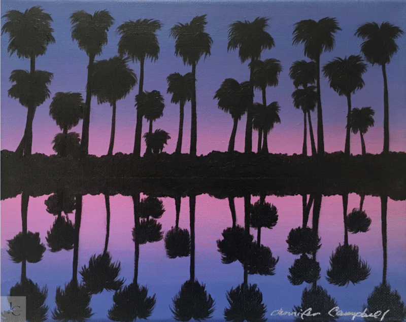 palm tree sunset painting with tropical palm silhouettes reflected in calm water under a purple and pink twilight sky