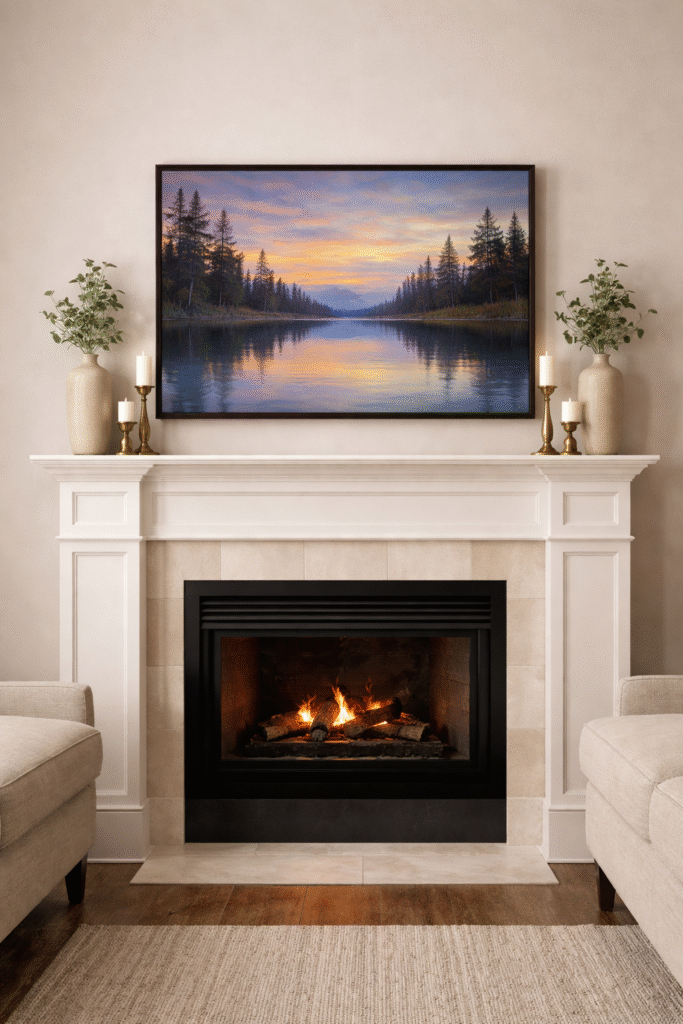 large landscape painting above fireplace in rustic living room