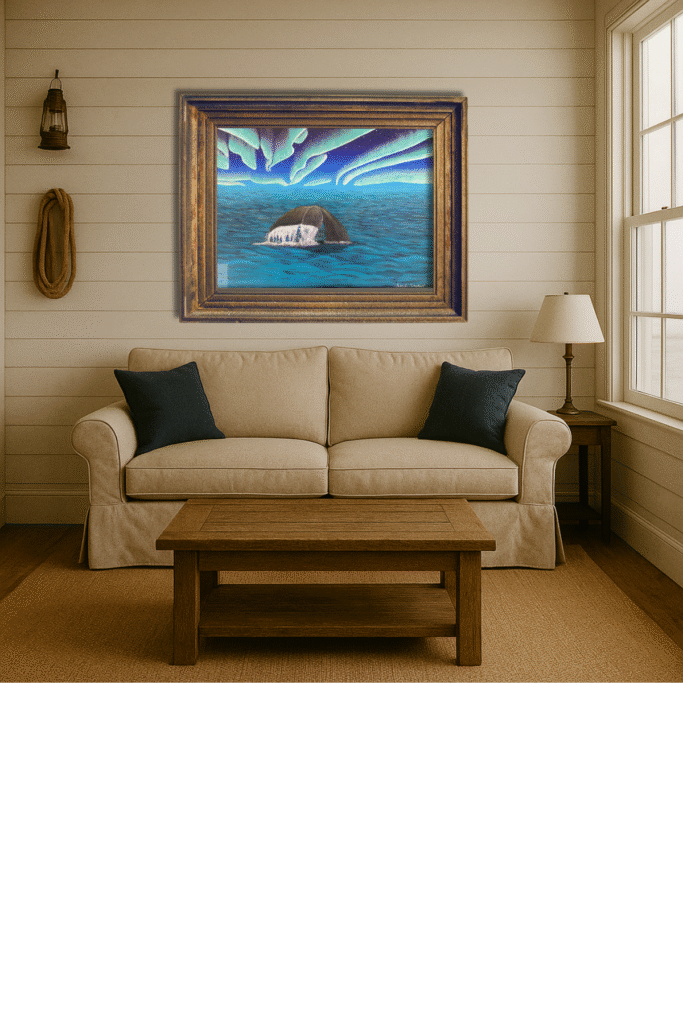 Whale diving beneath glowing northern lights over Arctic ocean painting by Jenn Campbell