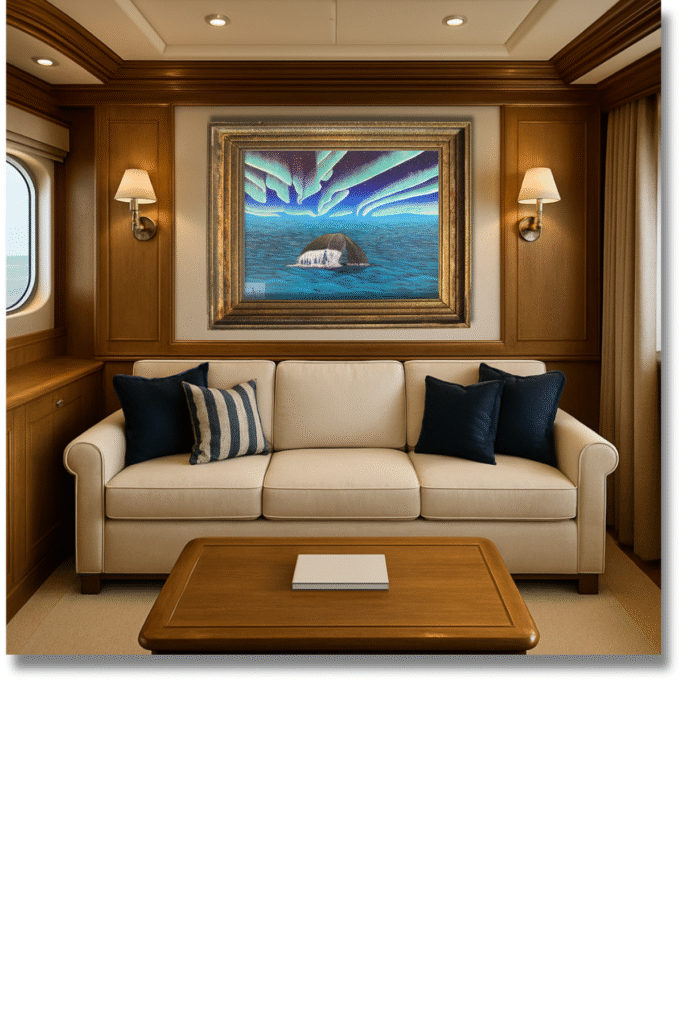 Whale diving beneath glowing northern lights over Arctic ocean painting by Jenn Campbell